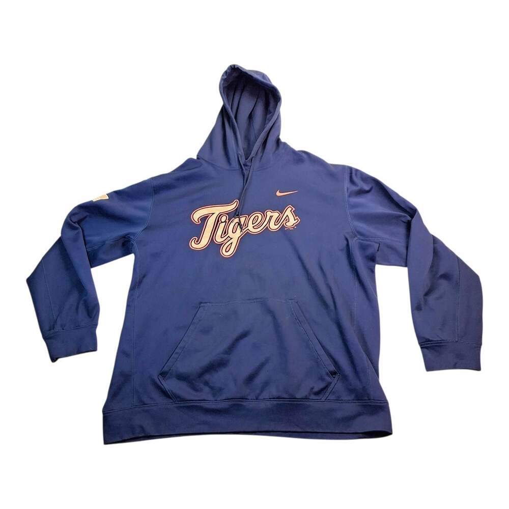 Nike MLB Detroit Tigers Hoodie Mens XXL Blue Graphic Kangaroo Pockets Baseball